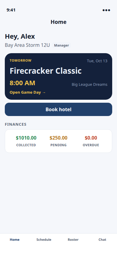Home screen for Bay Area Storm 12U with tomorrow’s Firecracker Classic, a Book hotel button, and $1010.00 collected