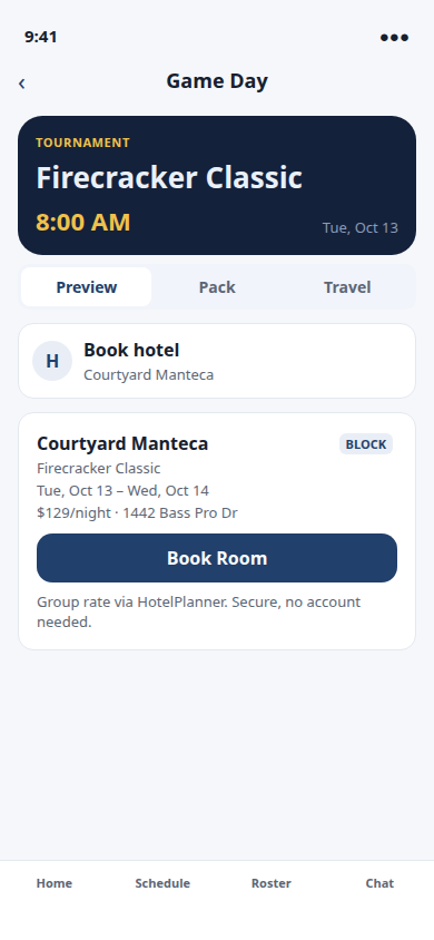 Game Day for Firecracker Classic with the Courtyard Manteca team hotel, $129 a night, and a Book Room button