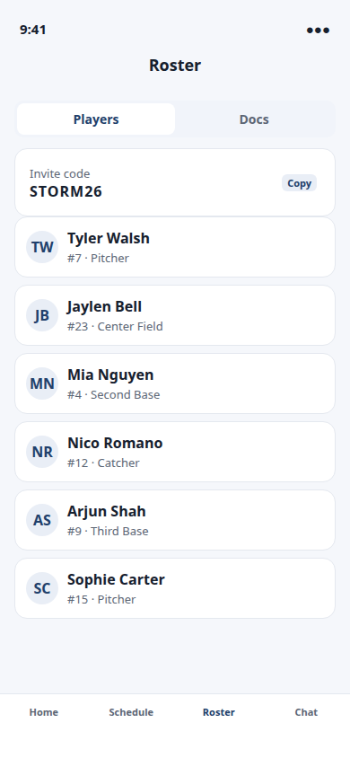 Roster for Bay Area Storm 12U listing Tyler Walsh number 7, Jaylen Bell number 23, and Mia Nguyen number 4